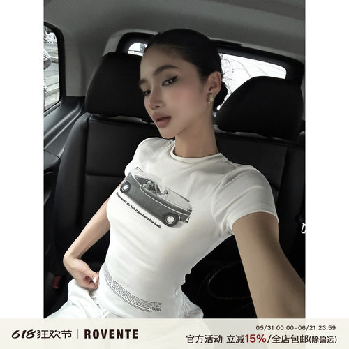 rovente白色弹力印花圆领短袖T恤