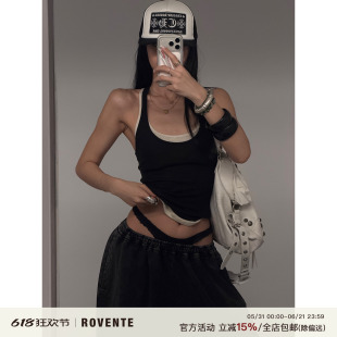 rovente 麻豆公式亚麻黑白拼色真两件吊带背心女辣妹紧身无袖上衣