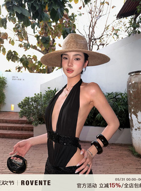 rovente 性感本色黑色深V领挂脖亮片收腰吊带背心女夏季辣妹上衣