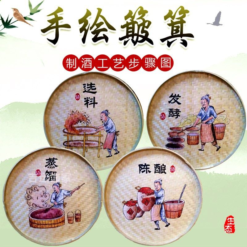 手绘画圆簸箕画竹编工艺田园风格农耕文化竹筐画乡村振兴挂画装饰
