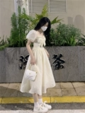 法式甜美连衣裙女2022夏季韩版初恋奶甜公主裙蝴蝶结泡泡袖长裙子