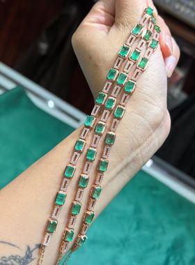 天然祖母绿手链925银镶嵌女款珠宝首饰电镀玫瑰金方形满镶