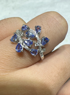 天然水晶坦桑石排戒戒指时尚百搭女款活口麦穗树叶925纯银镶嵌