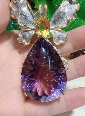 天然水晶紫水晶黄水晶吊坠925银镶嵌体颜色好意大利工艺女款项链