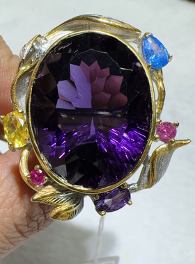 天然水晶戒指925纯银镶嵌紫水晶意大利工艺大颗粒时尚气质百搭