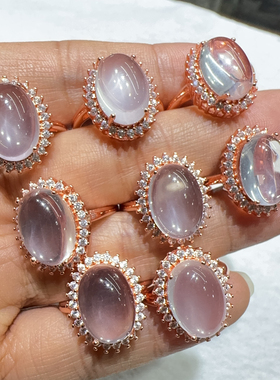 天然粉晶戒指女粉水晶戒指全净体颜色好玫瑰金色镶嵌活口星光