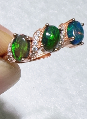 天然水晶黑欧泊排戒925纯银镶嵌活口女款大气简约火彩好