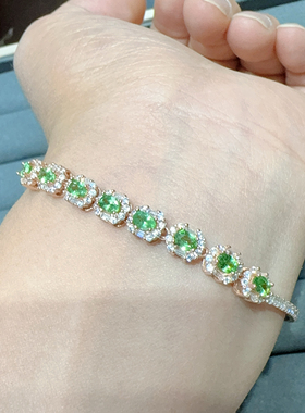 天然沙弗来石榴石手链s925纯银精工镶嵌精致手链女士水晶宝石绿色