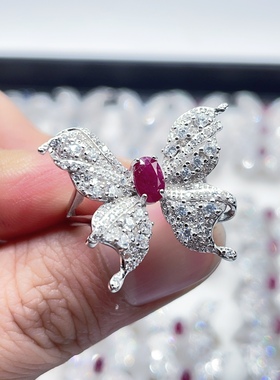 天然宝石彩宝红宝石戒指s925纯银镶嵌活口女款蝴蝶红色夸张