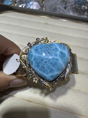 天然水晶海纹石意大利工艺镶嵌超大手镯拉利玛海水蓝925纯银