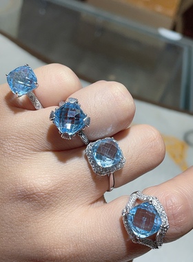 天然水晶彩宝宝石蓝色托帕石戒指s925纯银镶嵌活口女款大戒面时尚