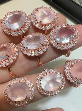 天然粉晶戒指精工镶嵌芙蓉石戒指日韩时尚粉水晶戒指开口戒指