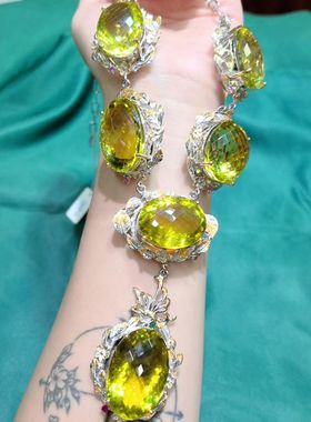 天然水晶柠檬黄项链大颗粒s925银镶嵌意大利工艺大颗粒晚宴链