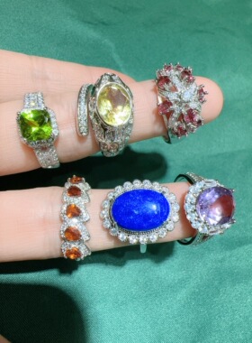 天然橄榄石黄水晶紫水晶石榴石青金石戒指女款活口送人水晶宝石