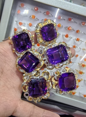 天然水晶紫水晶戒指925纯银镶嵌体颜色好火彩好意大利工艺大颗粒