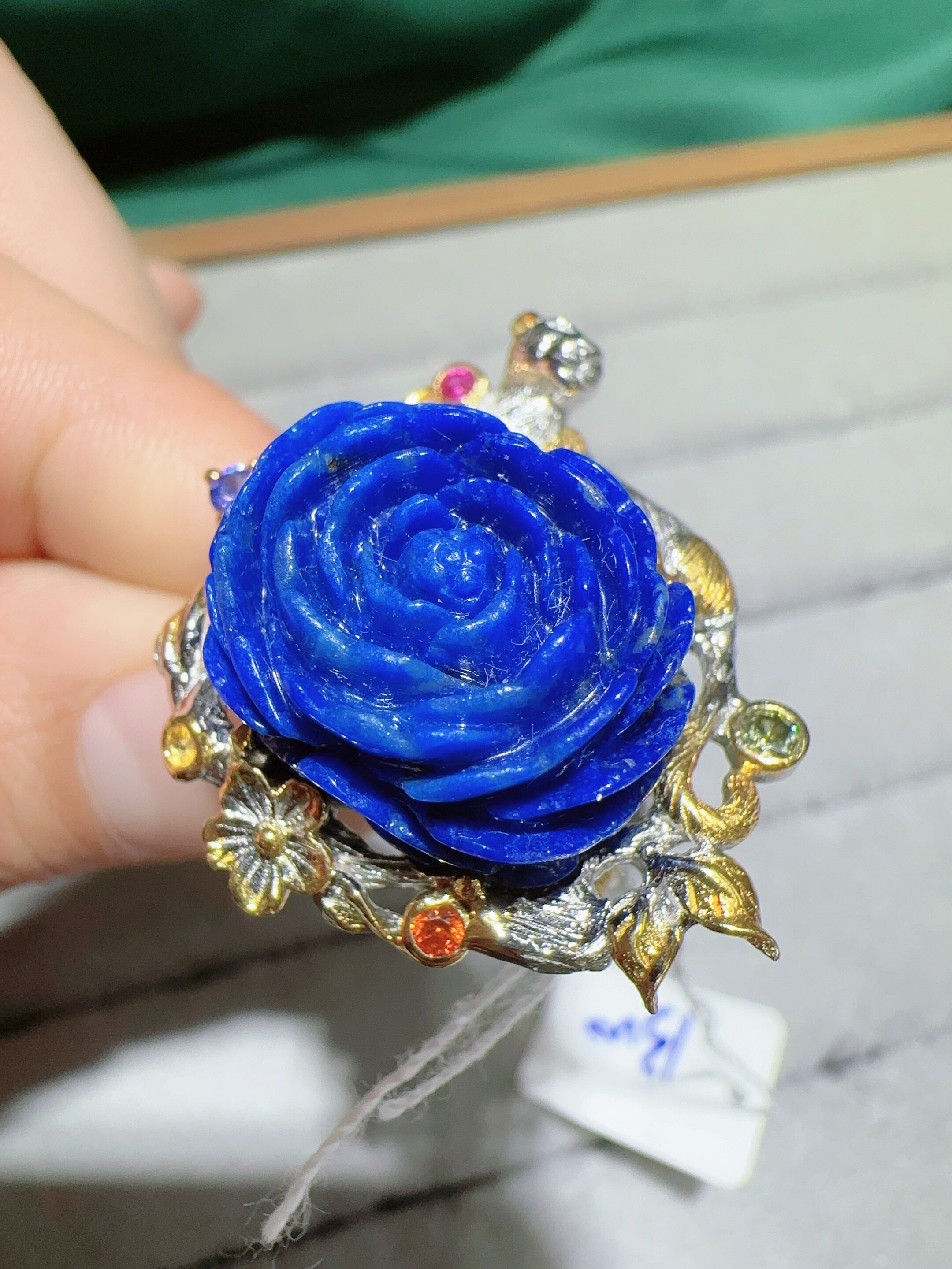 天然青金石牡丹花戒指银镶嵌大颗粒意大利工艺925银女款活口