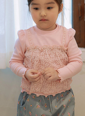 JAZZ女童蕾丝泡泡袖假两件T恤 韩国南大门童装代购26春款儿童6801