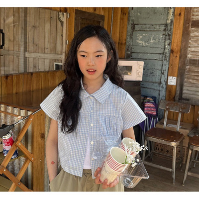 中大童女童格子短款翻领短袖衬衫 MATILDA韩国代购童装26夏款986