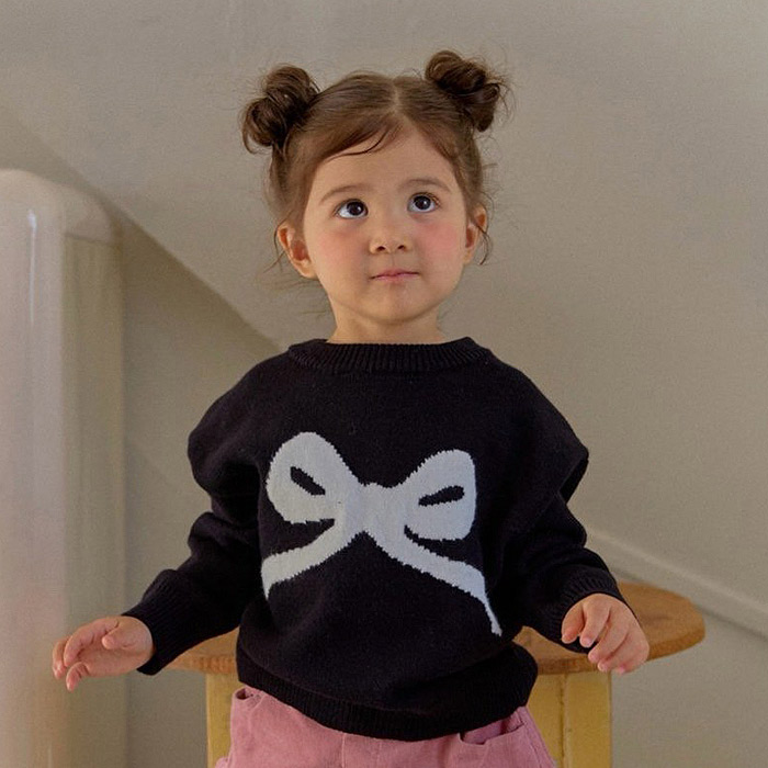 儿童蝴蝶结圆领套头针织衫 LAGO韩国南大门童装25冬款女童毛衣564