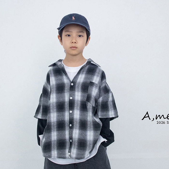 儿童格子时尚假两件长袖衬衫 AME韩国代购童装26春款中大男童508