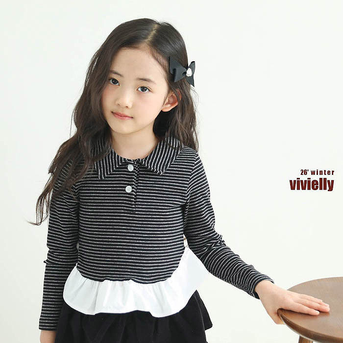 中大童女童荷叶边条纹短款翻领T恤 VIVIELLY韩国童装代购26冬973