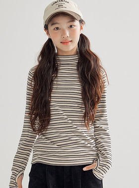 DAWON中大女童儿童条纹半高领长袖T恤 韩国童装代购25冬打底衫098