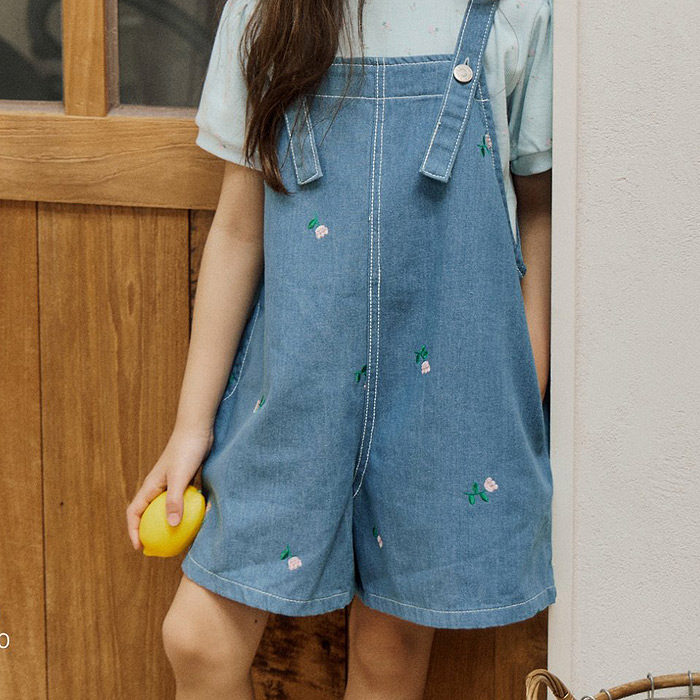 中小童洋气绣花牛仔背带短裤 BYMIMI韩国童装代购26夏儿童女童286