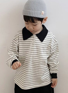 儿童条纹翻领长袖T恤GOGUMA韩国代购童装26春中大男女童POLO衫167