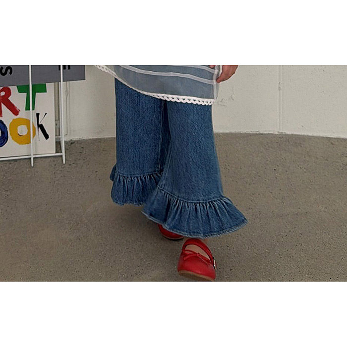 儿童荷叶边牛仔喇叭裤 ELLY韩国代购南大门童装26春款女童长裤529