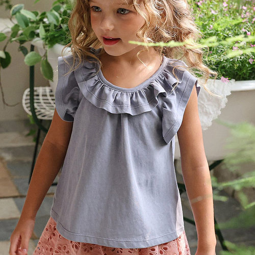 儿童小童洋气纯色荷叶领T恤 FLO韩国代购南大门童装26夏款女童551