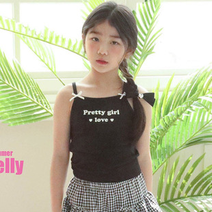 童装 26夏中大女童上衣973 VIVIELLY韩国代购 儿童蝴蝶结字母吊带衫