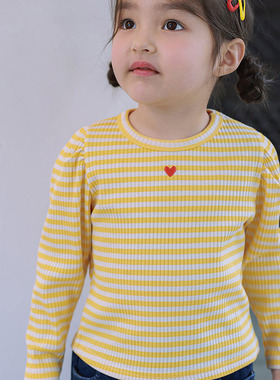 JAZZ女童爱心条纹泡泡袖T恤 韩国童装代购2026春款儿童打底衫6801