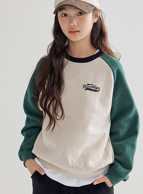 DAWON中大女童插肩袖拼色加绒卫衣 韩国童装代购2025冬款儿童098