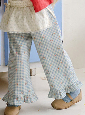 女童小童菲边格子碎花休闲裤 FLO韩国进口童装代购26春款女童551