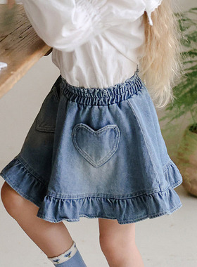 女童牛仔菲边爱心短裙 FLO韩国进口童装代购26春款儿童半身裙551