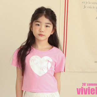 儿童爱心泡泡袖 T恤VIVIELLY韩国代购 童装 26夏中大女童上衣973 短袖