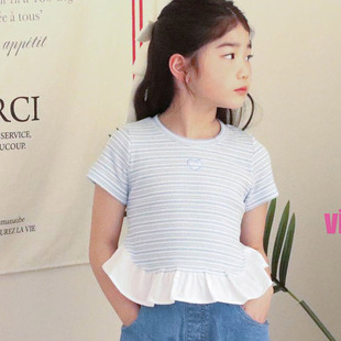 儿童条纹花边短袖 童装 26夏款 中大女童上衣973 T恤VIVIELLY韩国代购