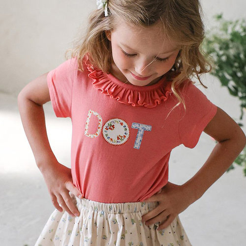 儿童小童洋气字母荷叶领短袖T恤 FLO韩国代购童装26夏季款女童551