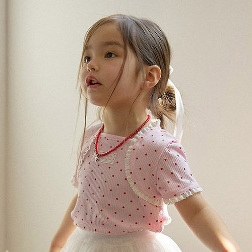 女童小童甜美波点蕾丝边短袖T恤 berry韩国代购童装26夏款儿童040