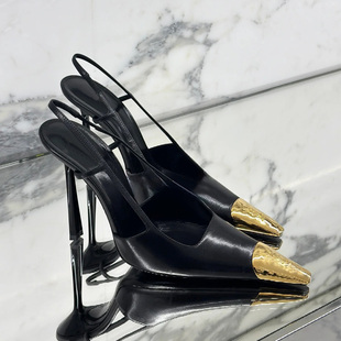 女黑色性感百搭细跟浅口包头高跟鞋 金属头后空单鞋 2025夏新款 凉鞋
