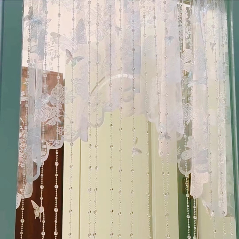 梦幻隔断帘半帘卫生间蝴蝶蕾丝帘子免打孔小清新纱帘珠帘组合门帘