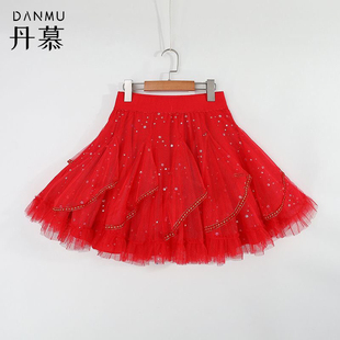蓬蓬半身裙大码 显瘦打底裙广场舞原创设计2024跳舞短裙三步踩红裙