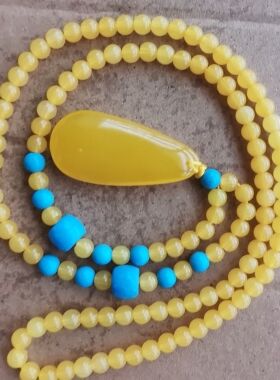 天然琥珀蜜蜡毛衣链长款水滴吊坠圆珠锁骨链鸡油黄挂件女款饰品