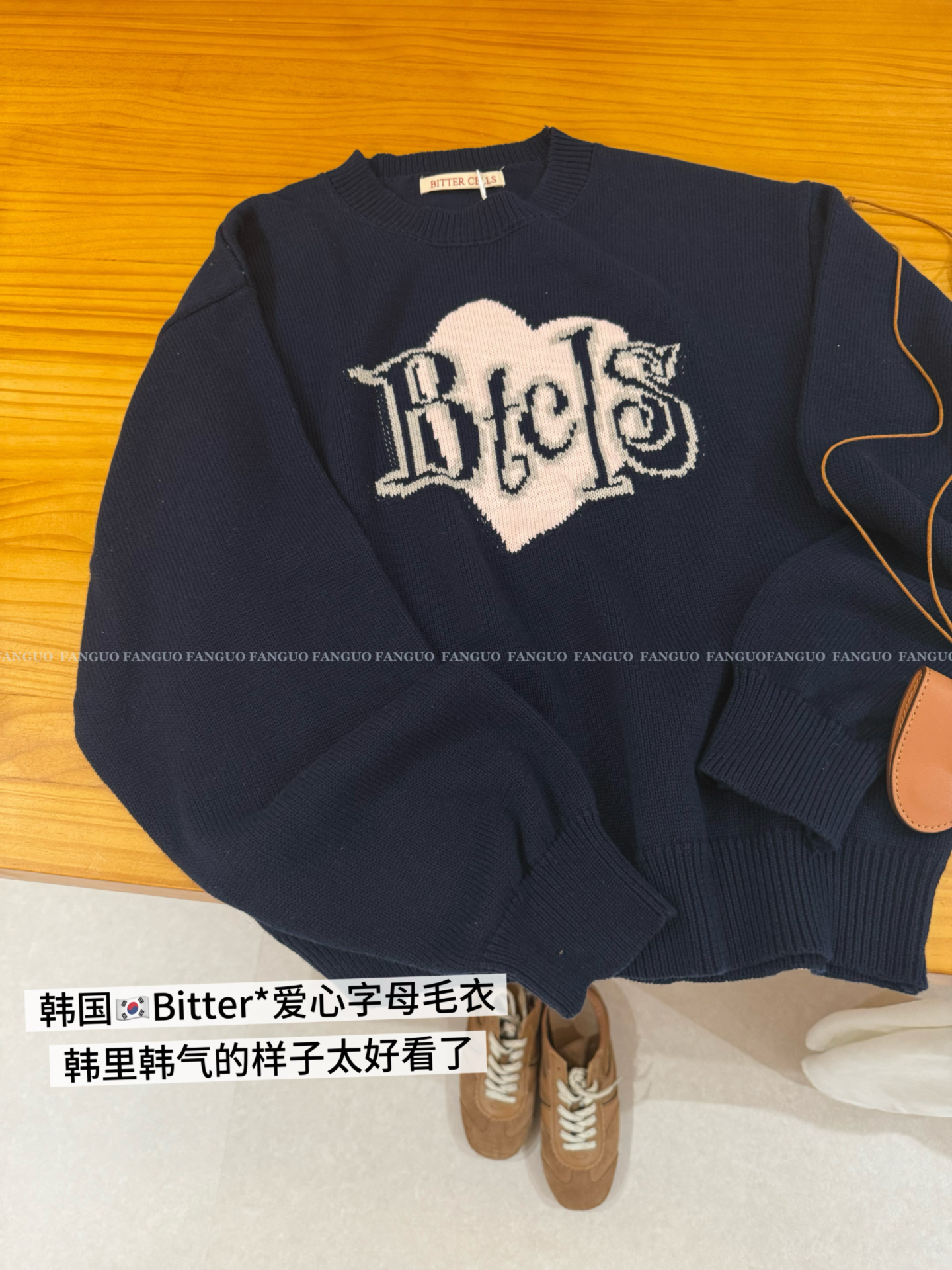 韩国Bitter*美式复古100%棉纱 爱心字母毛衣套头针织衫女