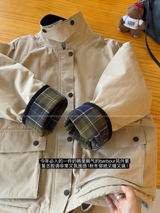 韩国单！墙裂安利！复古巴恩风灯芯绒领撞色格子棉服夹克外套女