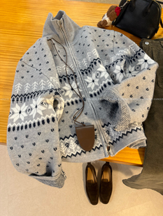 韩国fu*e 巨洋气!北欧复古费尔岛毛衣立领拉链针织外套女