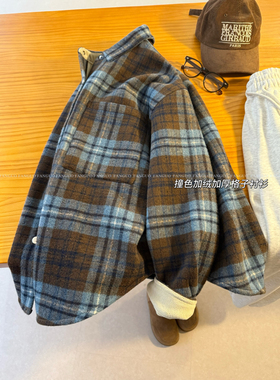 韩国单～巨厚实！复古慵懒 加厚加绒保暖毛呢格子衬衫外套女