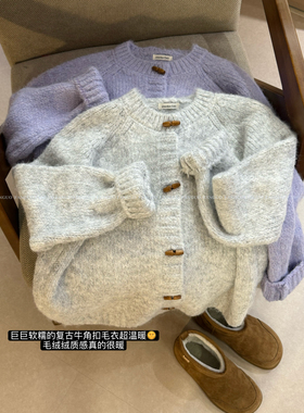 韩国overdue* 温柔ins软糯糯 羊毛牛角扣复古毛衣开衫女