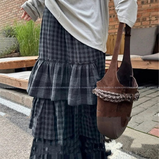 复古个性 设计师款 蕾丝花边格子蛋糕裙半身裙大摆裙 韩国op
