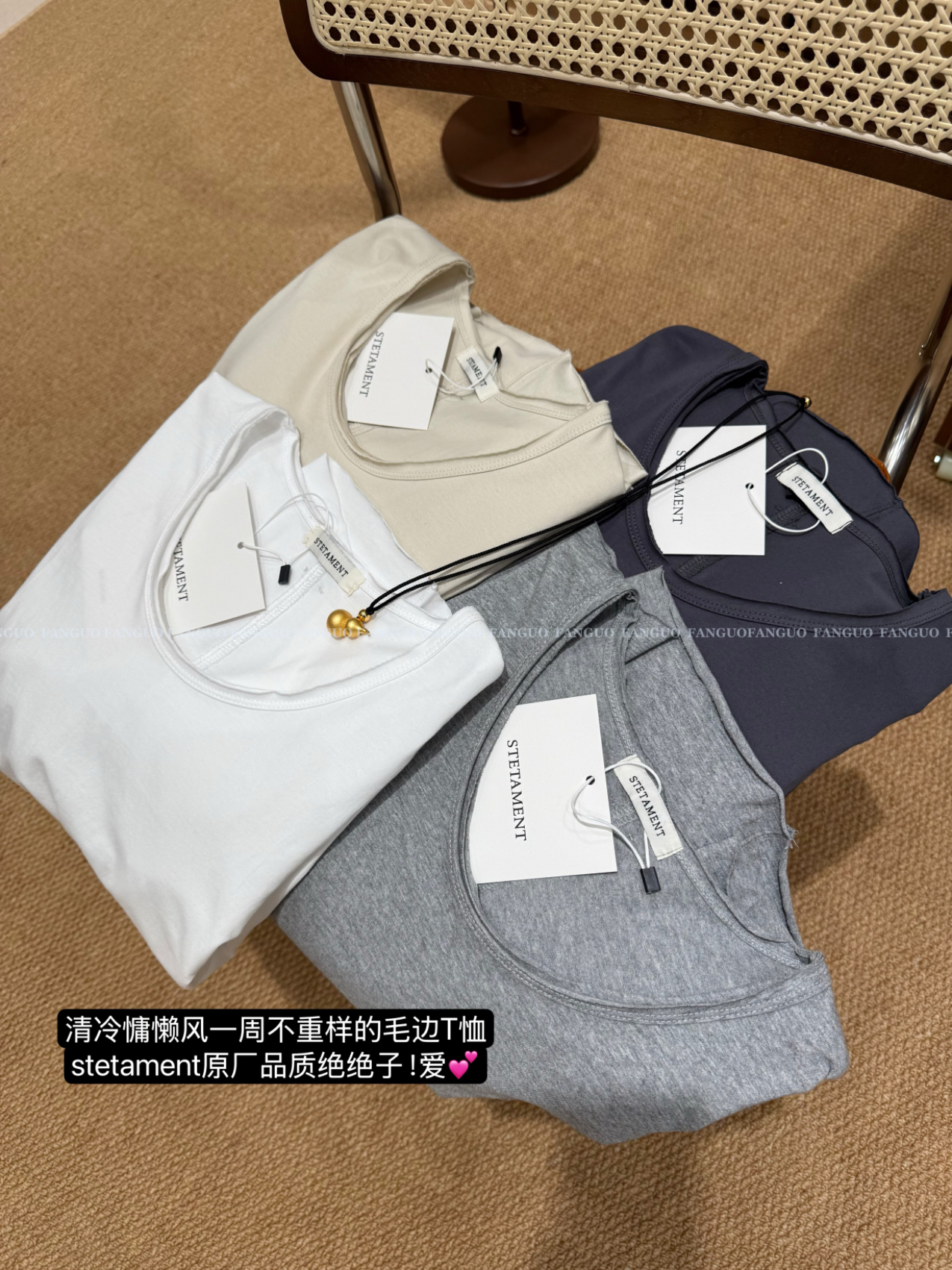 韩国原厂！stetament随意毛边慵懒风全棉设计感短袖T恤女